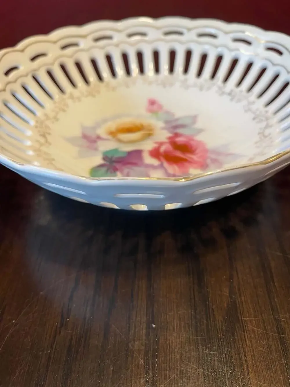 Vintage Hand-Painted Floral Reticulated Porcelain Bowl, Made in Japan
